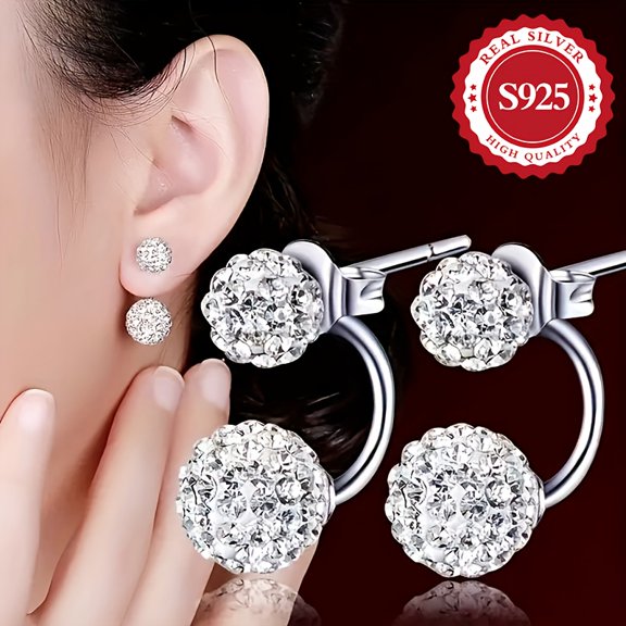 S925 Silver Shine Double Shining Ball Earrings Women's Fashion Party Banquet Banquet Wedding Low Allergy 2.3g,Silver