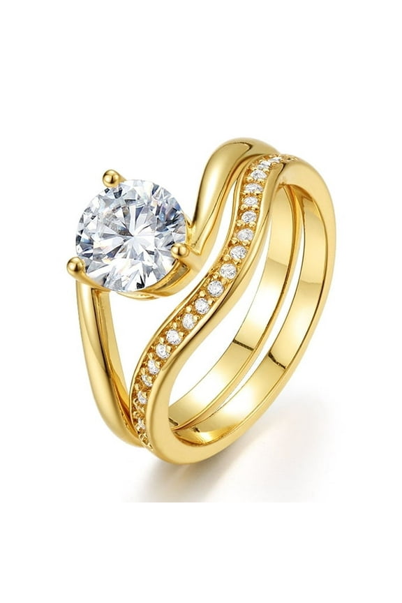 S925 Sterling Silver 1.2ct Round Moissanite Engagement Ring Set - 18K Gold Plated Stackable Bridal Jewelry, Two-Piece Wedding Band