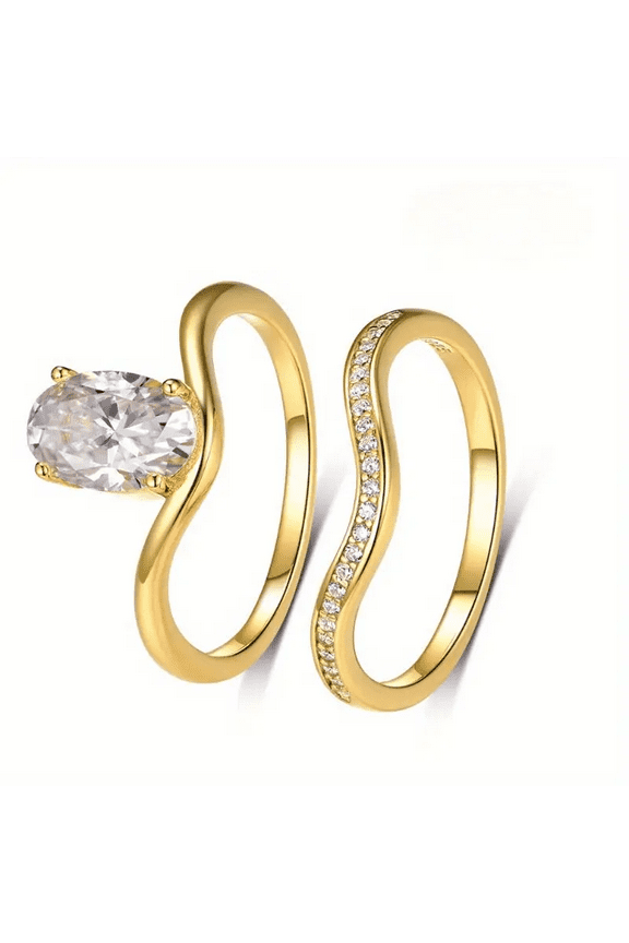 S925 Sterling Silver 2.5 Carat Oval Moissanite Ring Set - 18K Gold Plated Two-Piece Stackable Jewelry, Personality and Fashion Suitable for Engagement, Wedding, Daily Life