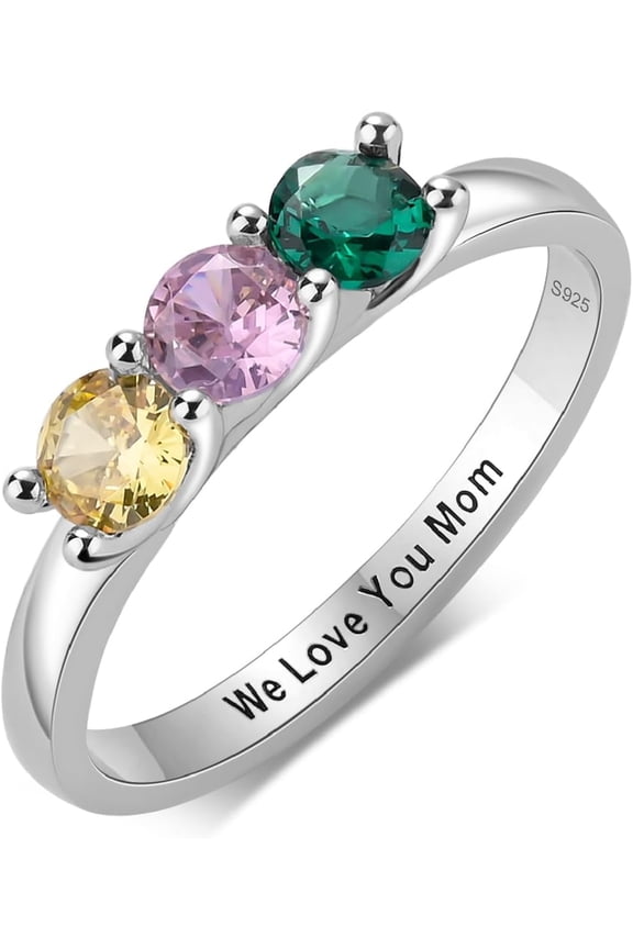S925 Sterling Silver 3 Birthstones Ring for Women Custom Mothers Ring for Women Personalized Mother Birthstones Ring Gift for Christmas Mothers Day