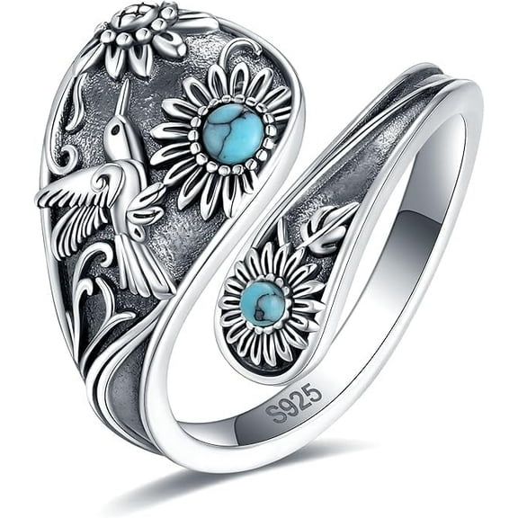 CFIOZYOS S925-Sterling-Silver Abalone Dragonfly Spoon Ring - Vintage Boho Sunflower Thumb Oxidized Wrap Rings Victorian Style Antique Floral Jewelry Gifts for Women