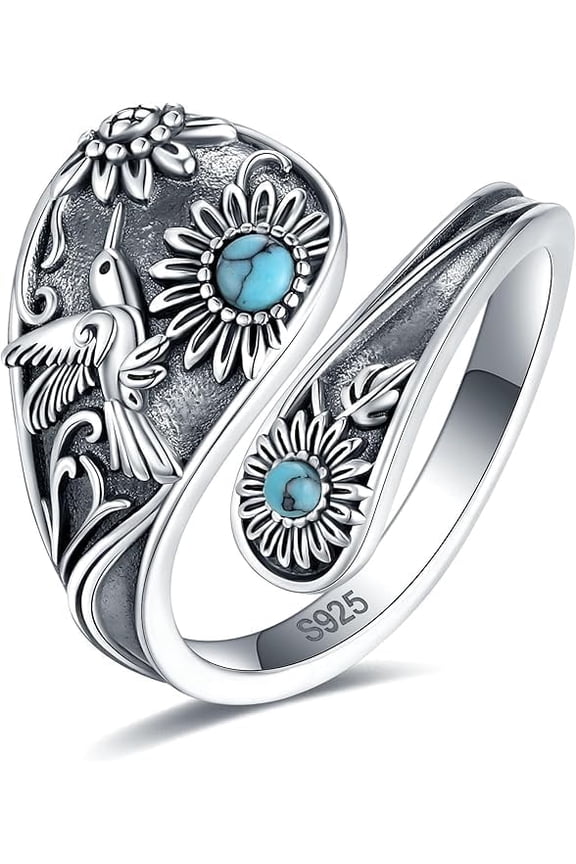 S925-Sterling-Silver Abalone Dragonfly Spoon Ring - Vintage Boho Sunflower Thumb Oxidized Wrap Rings Victorian Style Antique Floral Jewelry Gifts for Women