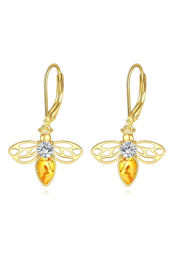 S925 Sterling Silver Amber Bee Earrings for Women 18K Gold Plated Leverback Dangle Earring Jewellery Birthday Gifts for Her (Amber Bee Earrings)