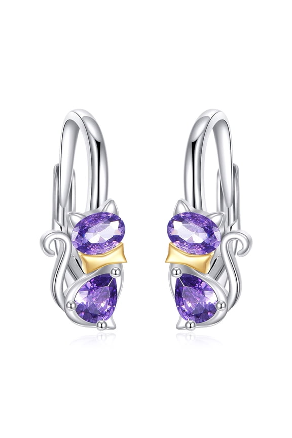S925 Sterling Silver Amethyst Cute Cat Huggie Hoop Earrings Cute Small Animal Cats Dangle Leverback Jewelry Gifts for women cat Lovers