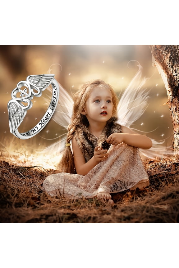 S925 Sterling Silver Angel Wing Memorial Ring, Rhodium Plated Engraved Jewelry, Sympathy Keepsake Gift for Family Loss, Elegant Love Token for Women