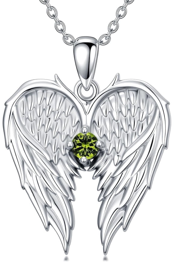 S925 Sterling Silver Angel Wings Necklace for Women, Guardian Angel August Birthstone Pendant with Sparkling Lime Green Peridot Zirconia, Religious Memorial Jewelry Gift, 18+2 Inch