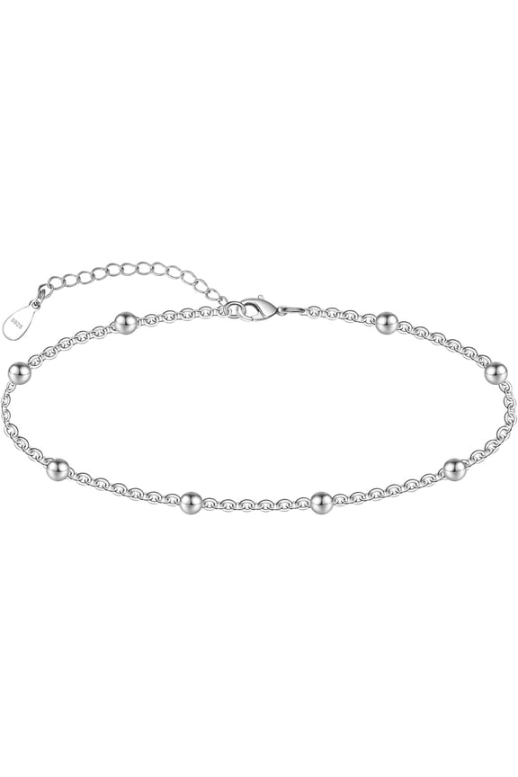 S925 Sterling Silver Beaded Chain Ankle Bracelet, Minimalist Round Ball Satellite Anklet with Extension Chain, Hypoallergenic Dainty Foot Jewelry Gift for Women Daily Beach Wear