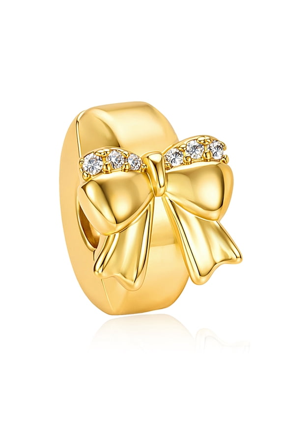 S925 Sterling Silver Bowknot Clip Lock Charm Spacer Bead with Sparkling Cubic Zirconia Fits Women Charm Bracelets