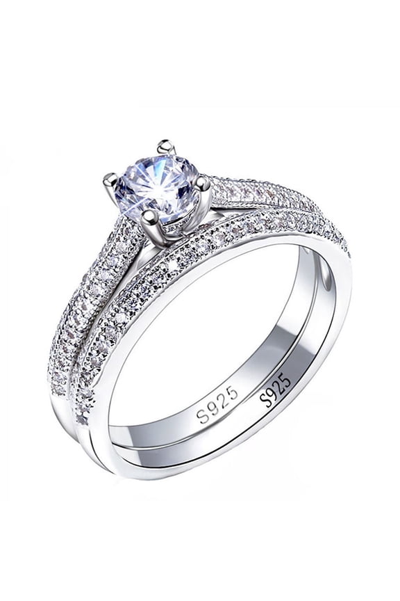 S925 Sterling Silver Bridal Ring Set, Round Moissanite Solitaire Engagement Ring with Paved CZ Curved Wedding Band, Two Piece Stacking Promise Wedding Ring for Women