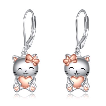 Adorable Silver Plated Kitten And Moon Stud Earrings – 925 Sterling Silver
