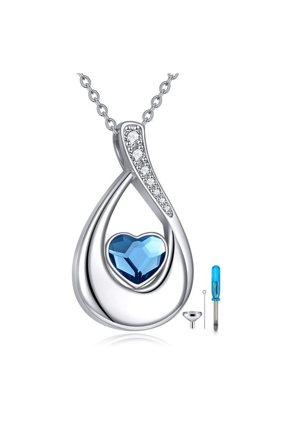 S925 Sterling Silver Cremation Jewelry Sterling Silver Teardrop Urn Necklace for Ashes Heart Crystal Keepsake Pendant for Human Ashes for Women Gift (crystal)