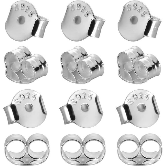 S925 Sterling Silver Earring Backs Replacements for Posts, 12Pcs/6Pairs Pierced Earring Backings Secure for Studs, Hypoallergenic Safety Round Butterfly Metal Earing Stoppers 6.2X6.0X3.6mm