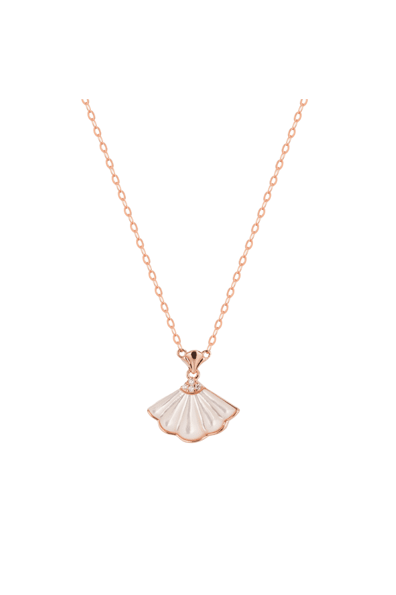 S925 Sterling Silver Fan Pendant Necklace, Mother of Pearl Shell with Zirconia Border, Rose Gold Tone Elegant Seashell Jewelry Gift for Women