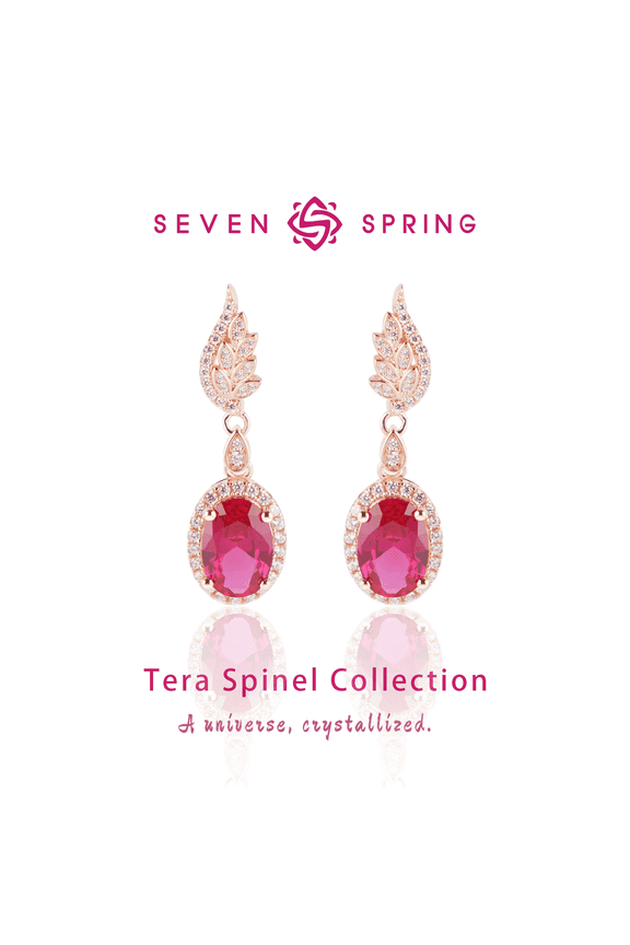 S925 Sterling Silver Feather Drop Earrings for Women,Rose Gold Plated with Oval Ruby & Cubic Zirconia Leaf Design,Elegant Vintage for Wedding Party