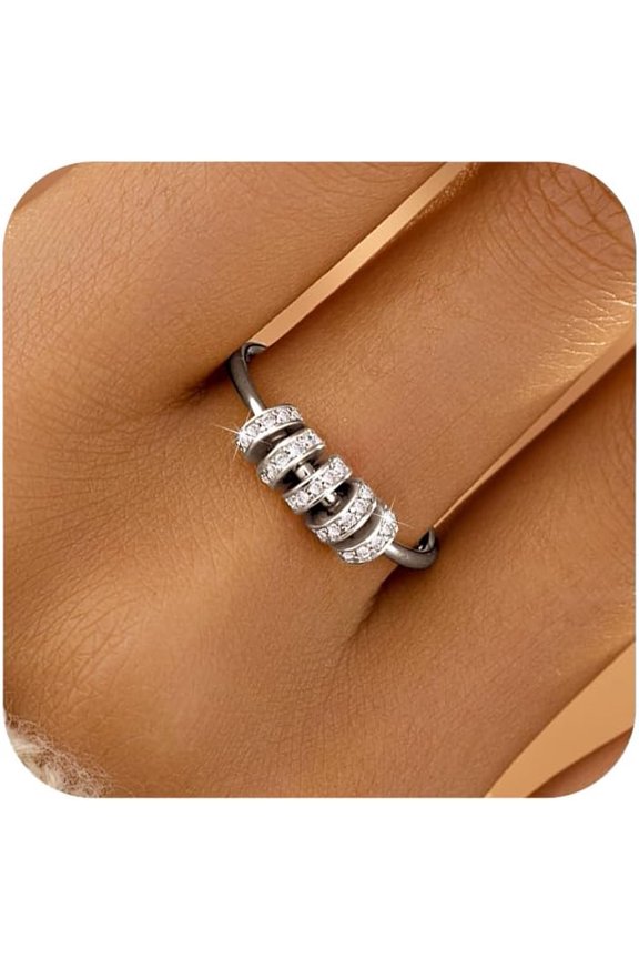 S925 Sterling Silver Fidget Anti Anxiety Rings With Cubic Zirconia Beads Spinner Ring for Women 14k Gold Plated Stress Relief Spinning Ring Jewelry Christmas Gifts for Mom to Daughter