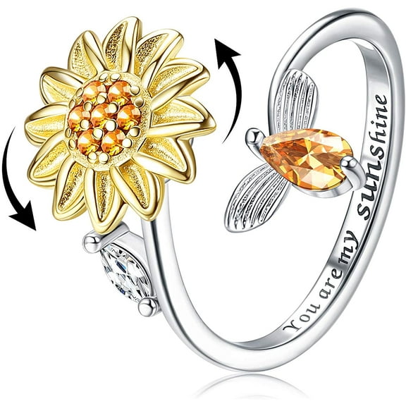 S925 Sterling Silver Fidget Rings for Women Adjustable Open Ring Cubic Zirconia Sunflower You are My Sunshine Ring Spinner Gift for Valentine‘s Day