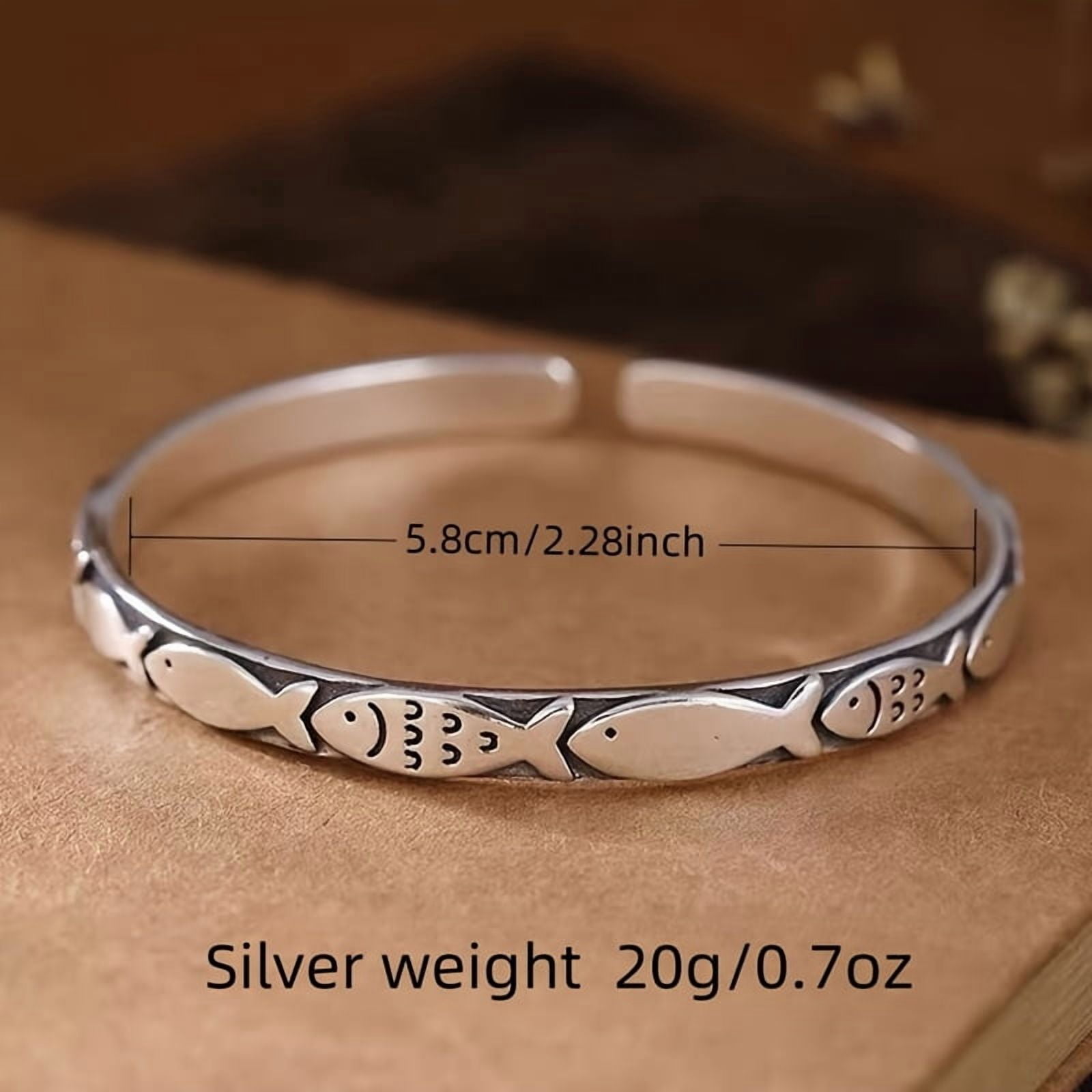 S925 Sterling Silver Fish Design Cuff Bracelet, Vintage Elegant 