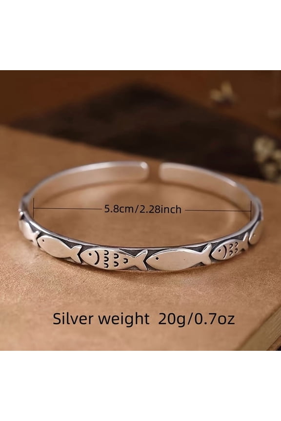 S925 Sterling Silver Fish Design Cuff Bracelet, Vintage Elegant Style, 20g, for Daily Wear & Gift, Valentine'S Day All-Season Jewelry,Silver,925 silver bracelet