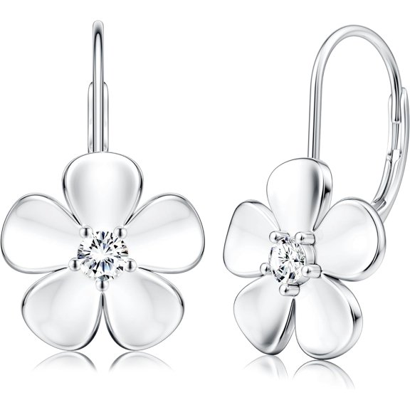 S925 Sterling Silver Flower Leverback Earrings For Women 18K White Gold Plated Plumeria Flower Earrings With Cubic Zirconia Hypoallergenic Silver Hoop Dangle Earrings For Sensitive Ears[Z1]