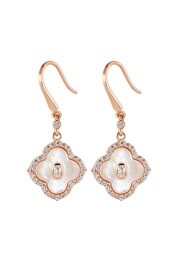 S925 Sterling Silver Four-Leaf Clover Dangle Earrings, Mother of Pearl Center with Cubic Zirconia Accents, Rose Gold Tone Fish Hook Earrings for Women