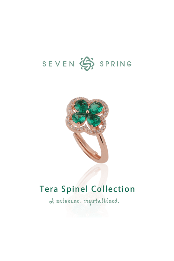 S925 Sterling Silver Four Leaf Clover Ring for Women,Lucky Birthday Gift with Green Spinel & Cubic Zirconia Halo,Dainty Adjustable Statement Jewelry