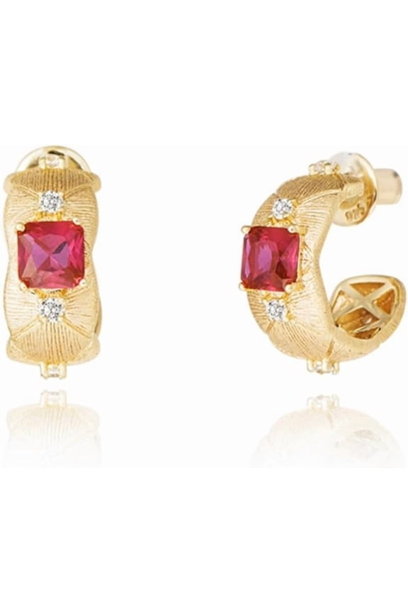 S925 Sterling Silver Gold Hoops Earrings for Women Created Red Ruby Earrings Dainty Cushion Cut Red Hoop Earrings Elegant Bridal Bridesmaid Earrings