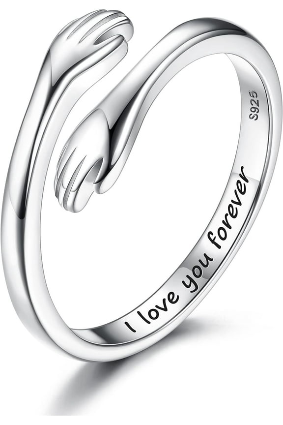 S925 Sterling Silver Hug Ring for Women 18K White Gold Plated Adjustable Band Ring I Love You Forever Couple Promise Friendship Ring Mothers Day Birthday Gifts for Daughters Mom Sister Friends Wife G