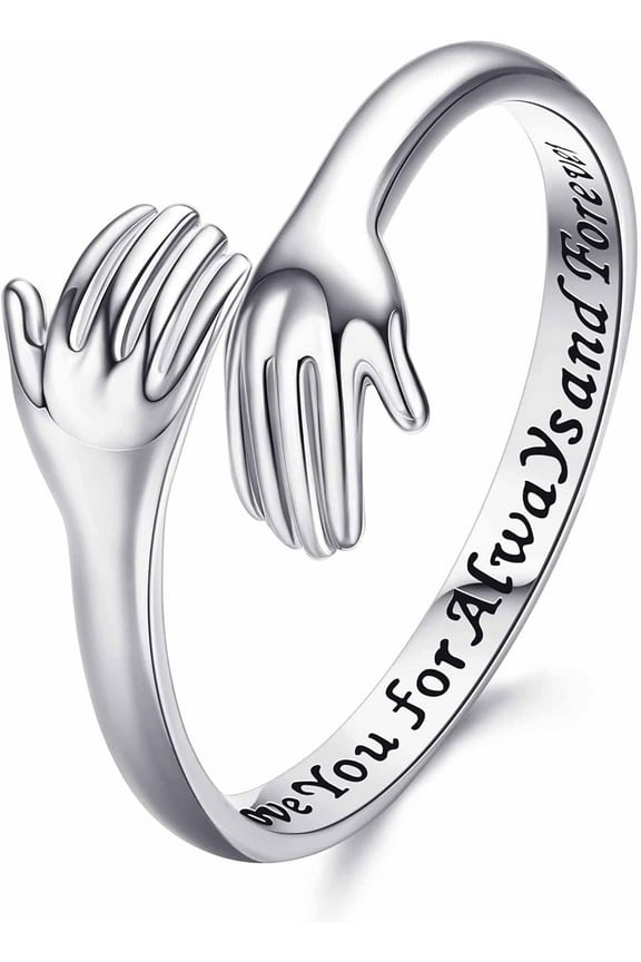 S925 Sterling Silver Hug Ring for Women 18K White Gold Plated Adjustable Band Ring I Love You Forever Couple Promise Friendship Ring Mothers Day Birthday Gifts for Daughters Mom Sister Friends Wife G