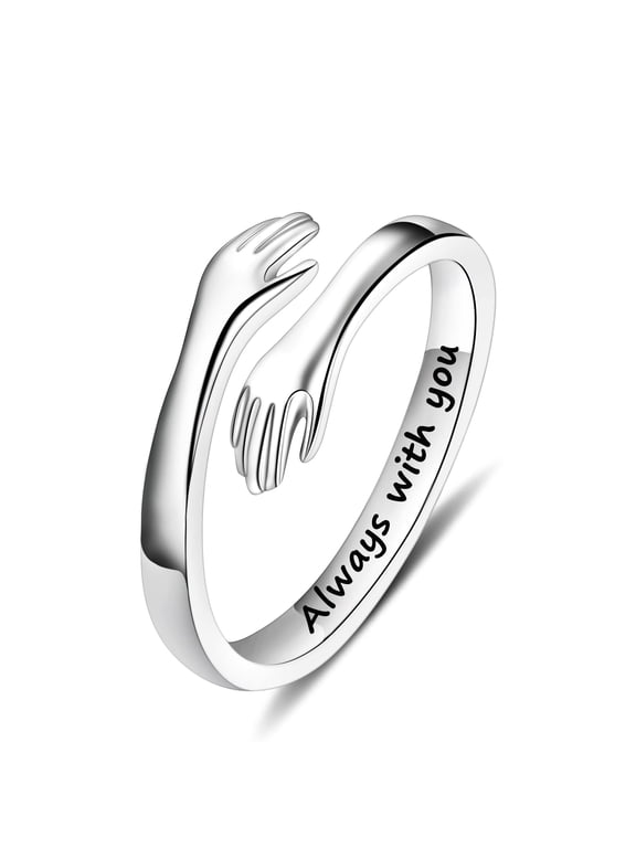 S925 Sterling Silver Hug Rings for Women I Love You Forever Hug Ring Adjustable Band Jewelry Gift for Teen Girls Couples Hugging Hand Rings Silver Plated for Woman