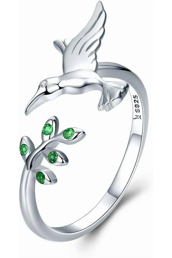 S925 Sterling Silver Hummingbird Open Statement Rings Green Crystal CZ Leaf Adjustable Expandable Eternity Promise Engagement Ring Finger Band Ring Cute Jewelry Gifts for Women