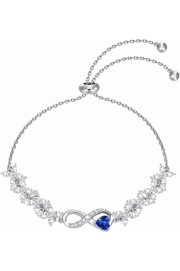 S925 Sterling Silver Infinity Heart Bracelet for Women, Adjustable September Birthstone Bracelet with Heart-Shaped Sapphire Zirconia, Sliding Bead Chain Jewelry Gift, 7+2 Inch