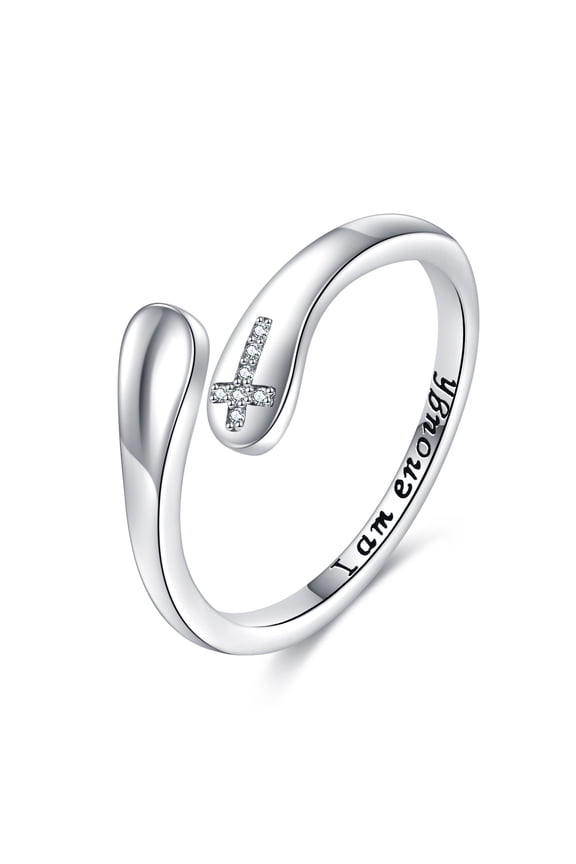 S925 Sterling Silver Inspirational Ring Cross Ring Jewelry for Women Band Wide 7# (I am Enough)