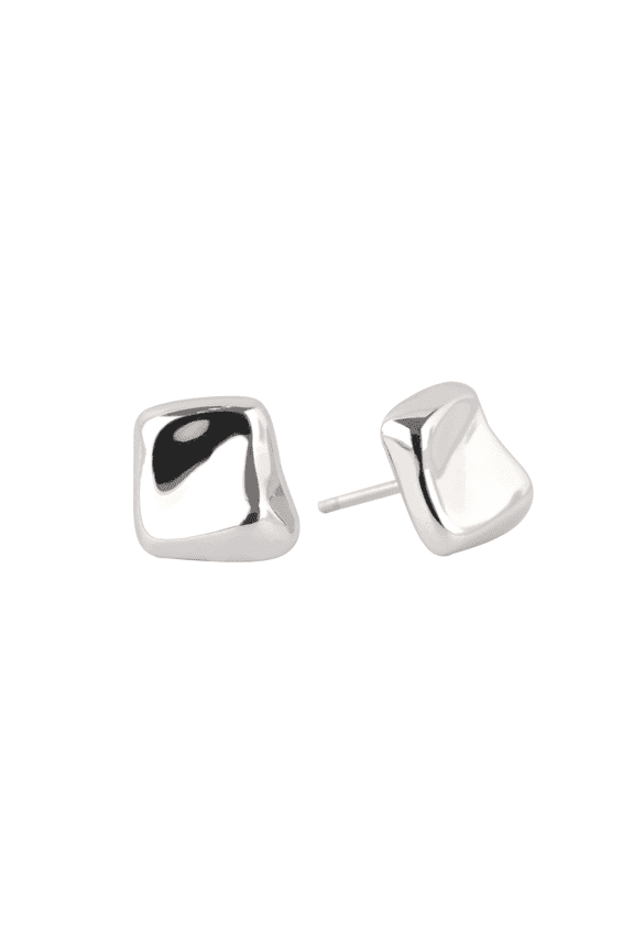 S925 Sterling Silver Irregular Geometric Square Stud Earrings, Mirror Polished Modernist Design, Lightweight Architectural Earrings for Women