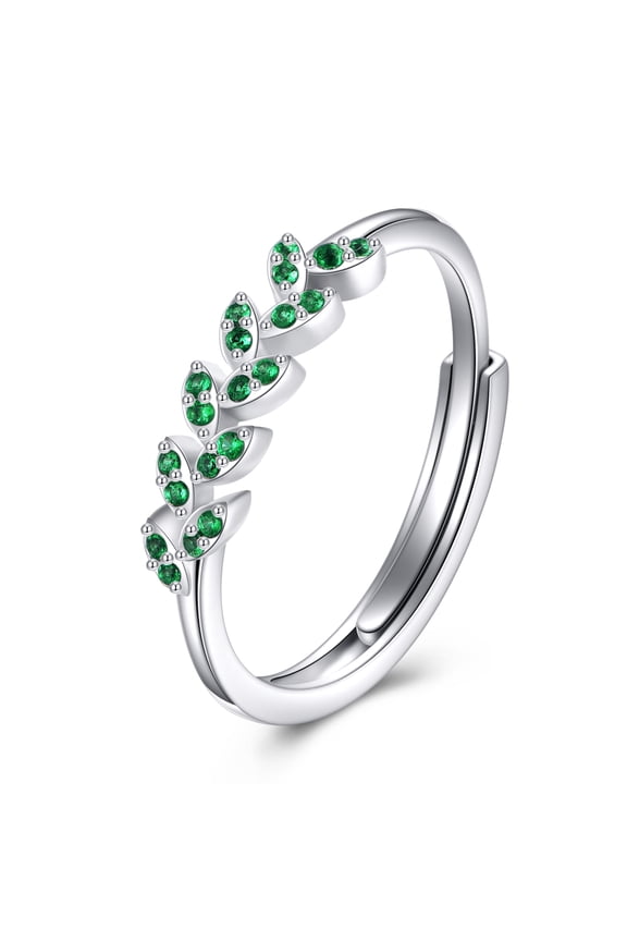 S925 Sterling Silver Leaf Wrap Rings Green Cubic Zirconia Leaf Open Ring Adjustable Silver Leaves Hypoallergenic leaf jewelry for Women