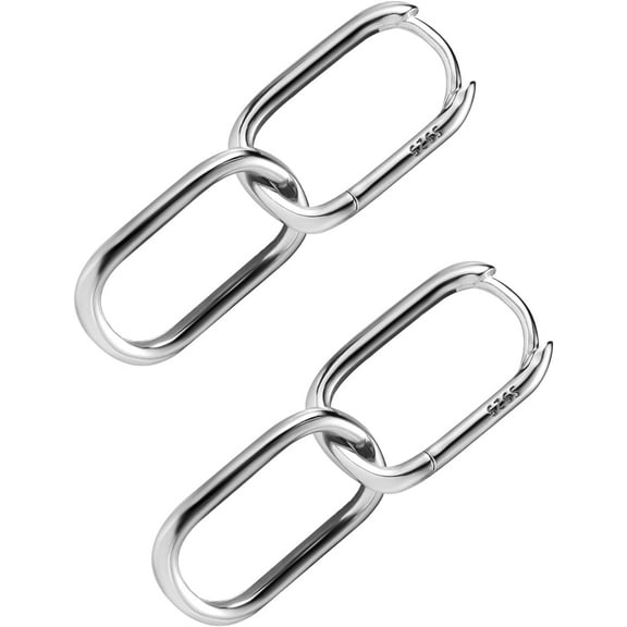 S925 Sterling Silver Link Chain Hoop Earrings, Small Oval Geometric Circle Minimalist U-Shaped Drop Earrings Convertible Paperclip Dangle Fashion Jewelry for Women(Silver) -