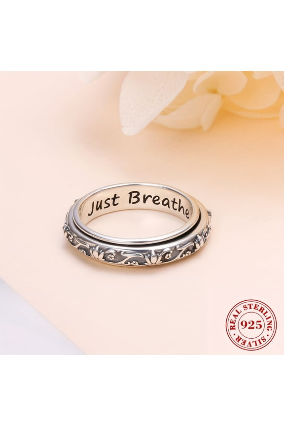 S925 Sterling Silver Lotus Flower Fidget Ring - Yoga Anxiety Worry Band for Women Men - Oxidized ADHD Autism Spinner
