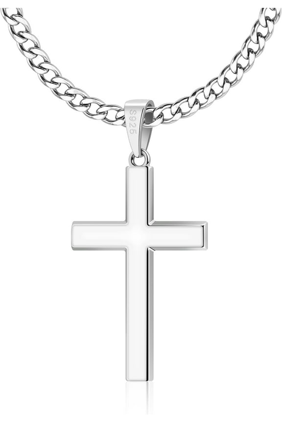 S925 Sterling Silver Mens Cross Necklaces, Cross Necklace for Men, 5mm Mens Cross Chain with Strong Smooth Edge, Waterproof Classic Strong Chain, 1.4x0.91 Inch