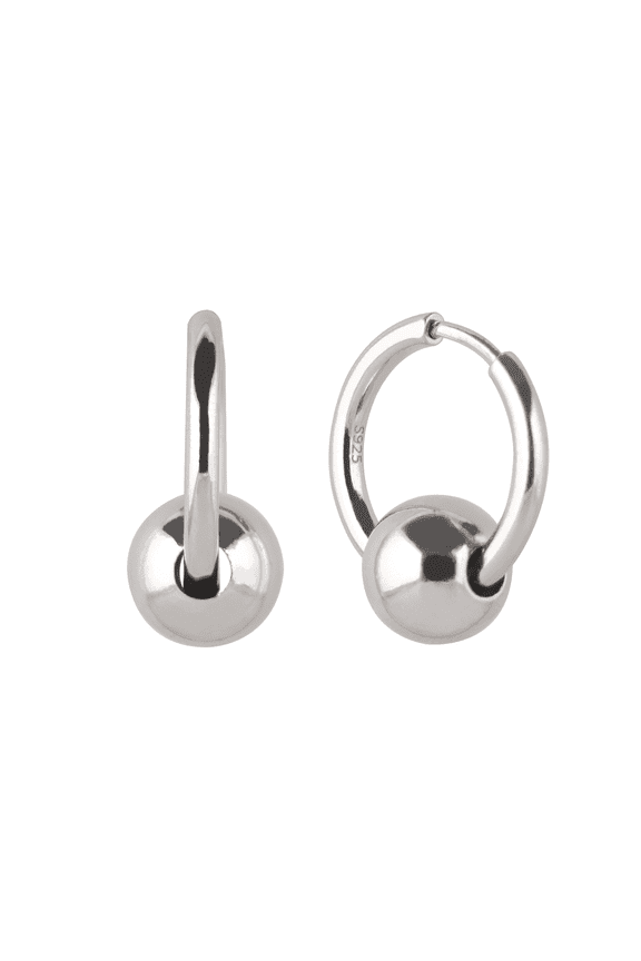 S925 Sterling Silver Minimalist Hoop Earrings with Sleek Ball Drop, Polished Circle Huggie Earrings for Women, Modern Geometric Dangle Jewelry
