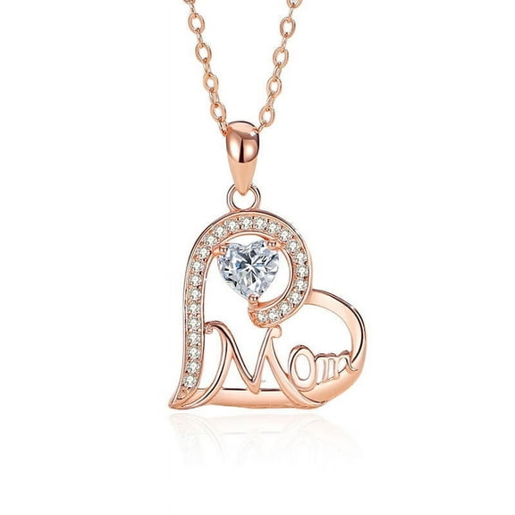 S925 Sterling Silver Mom Necklace with Synthetic Cubic Zirconia, Heart Pendant Necklace Mothers Day Jewelry Gifts for Mom Grandma, Gold