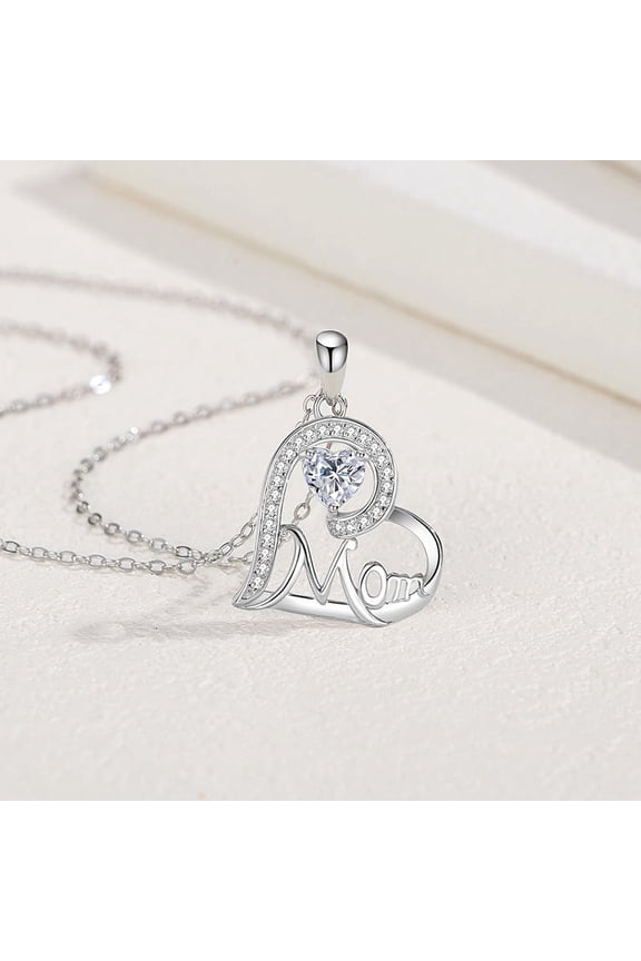 S925 Sterling Silver Mom Necklace with Synthetic Cubic Zirconia, Heart Pendant Necklace Mothers Day Jewelry Gifts for Mom Grandma, Silver