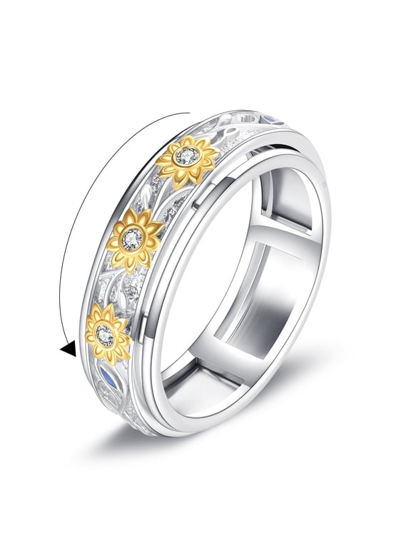 S925 Sterling Silver Moonstone Fidget Rings for Anxiety for Women Tree of Life Rings (sunflower, 11.5)