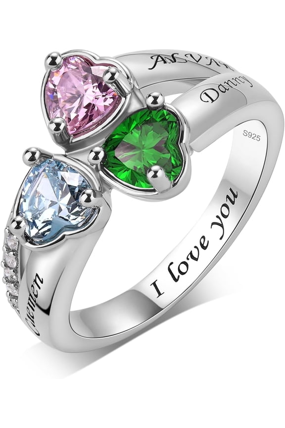 S925 Sterling Silver Mothers Ring with 3 Birthstones Custom Engraved Birthstone Ring for Women Personalized 3 Heart Birthstones Ring for Mother on Christmas Mothers Day
