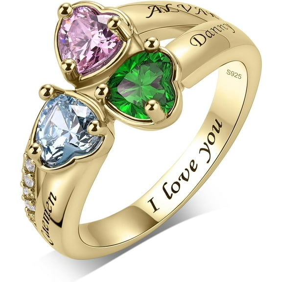 S925 Sterling Silver Mothers Ring with 3 Birthstones Custom Engraved Birthstone Ring for Women Personalized 3 Heart Birthstones Ring for Mother on Christmas Mothers Day