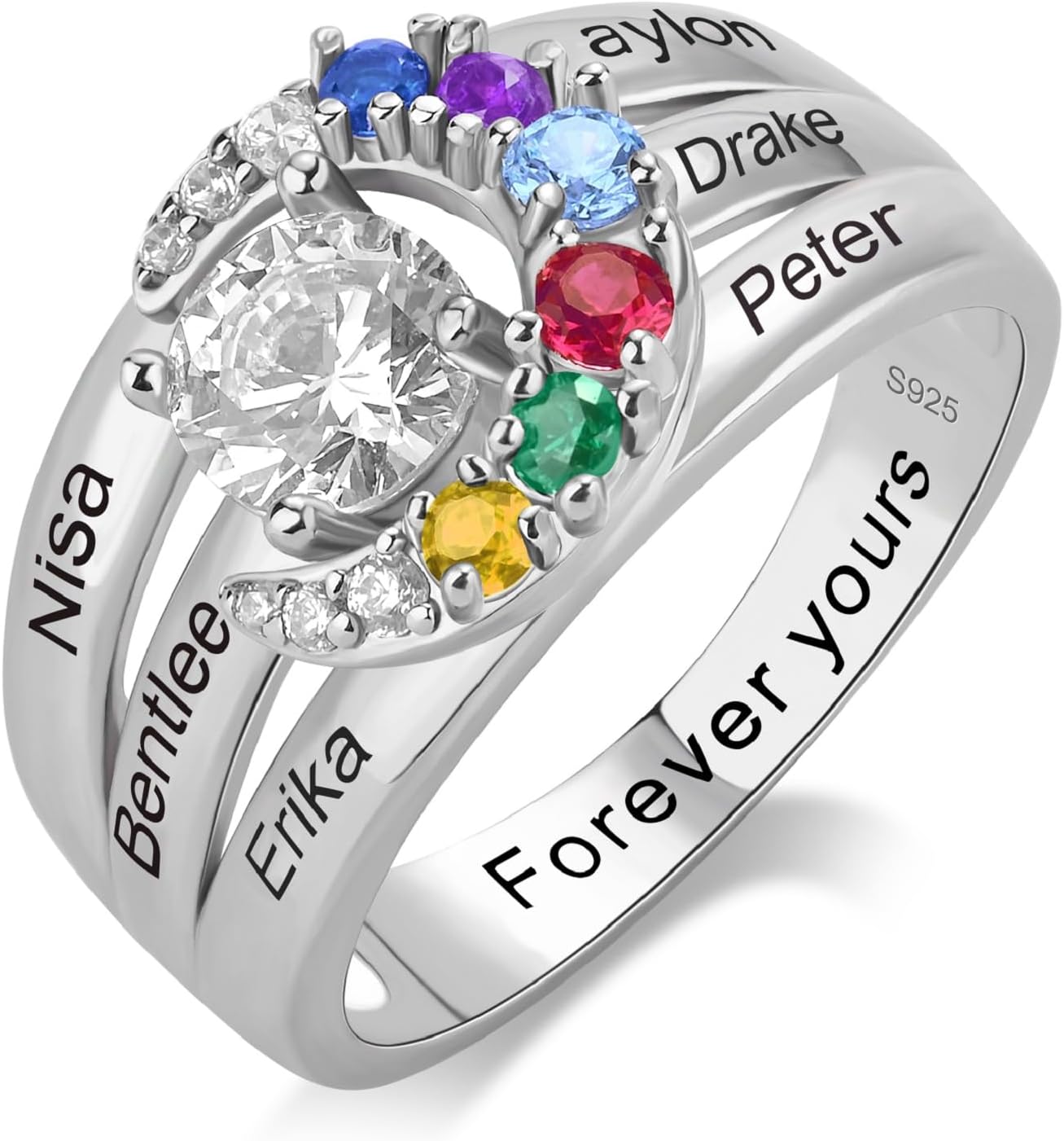 Custom Name Sterling Silver Mother's Day Ring - Personalized Birthstone Ring With 5 Stones For Mom, Grandma