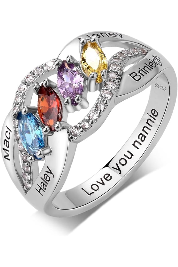 S925 Sterling Silver Mothers Rings with 4 Birthstones and Names Personalized Birthstones Ring for Mother Custom Engraved Family Rings for Women