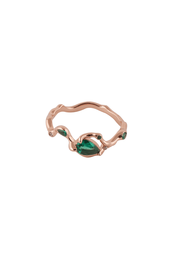 S925 Sterling Silver Nature Inspired Ring with Pear Cut Green Synthetic Spinel & Cubic Zirconia, Rose Gold Plated Branch Vine Design for Women