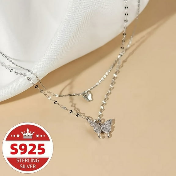 S925 Sterling Silver Non Fading Light Luxury Little Fresh Butterfly Double Layer Necklace, Female Ins, Clavicle Chain, Gift For Best Friend's Birthday, Valentine's Day, Mother's Day, Carnival Gift