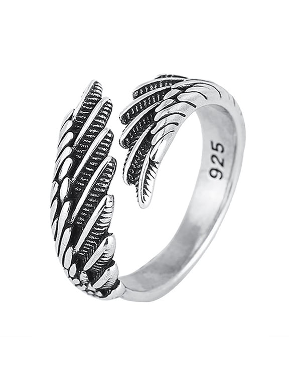 S925 Sterling Silver Open Angel Wings Rings for Women, Vintage Adjustable Feather Ring Hypoallergenic Statement Angel Ring Christmas Wing Ring Jewelry Gifts for Women Men