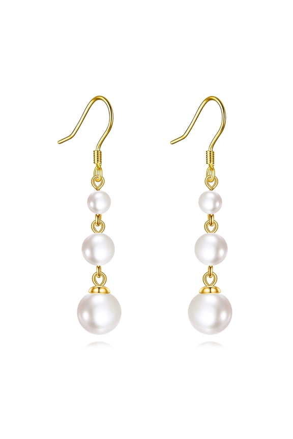 S925 Sterling Silver Pearl Dangle Earrings Three Pearls Drop Jewelry Birthday Gifts for Women (Pearl-Gold)