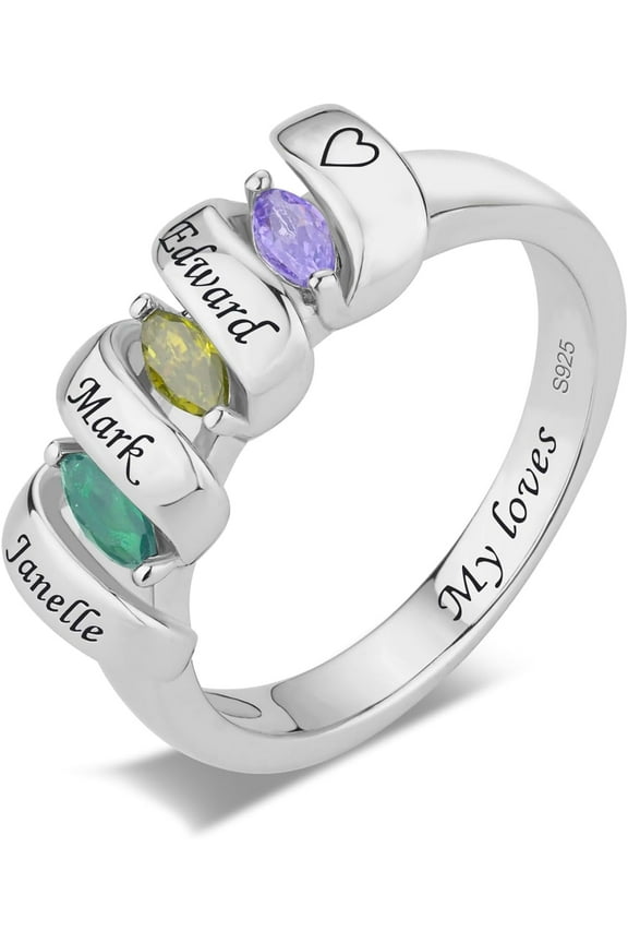 S925 Sterling Silver Personalized Mom Ring with 1-6 Birthstones & Names Customized Family Ring for Women Mother Grandma Wife